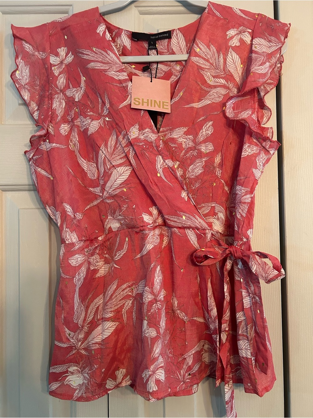 Harvé Benard Coral Pink Leaf Print Blouse with Gold Accents
